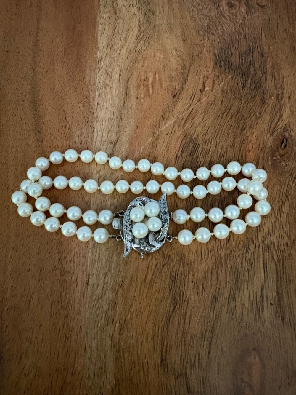 Vintage Sterling Silver & Pearl Triple-Strand Bracelet w Decorative Clasp